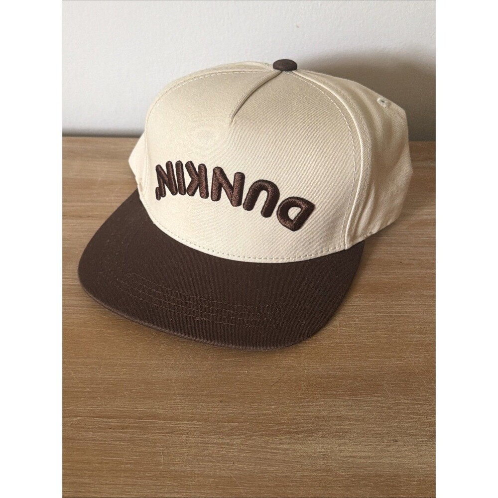 NEW! Dunkin Donuts Snapback Cap Upside-Down Stitched Logo EST. 1950 Brown/Beige